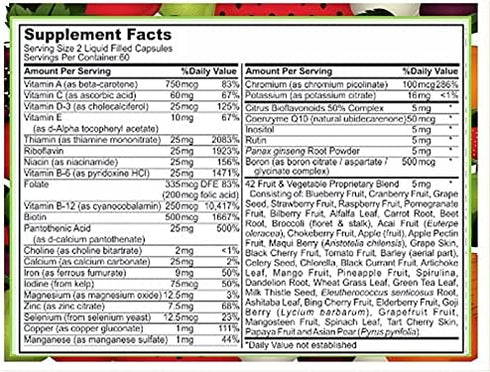 120 Multivitamin Fruit and Vegetable Liquid Capsules, Loaded Multivitamins, Supplements by SJJ Depot, Multiple Vitamin has Joint Heart Brain Antioxidants, Daily Women Men Senior Adult Multi Vitamins