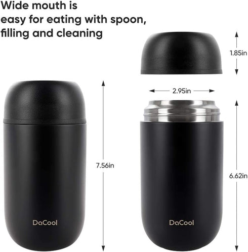 DaCool Insulated Food Jar 24 oz Insulated Lunch Container Keep Food Hot Cold Warm Stainless Steel Vacuum Hot Food for Adult Women Man Lunchbox Leak Proof Wide Mouth for Office Picnic Outdoors - Black
