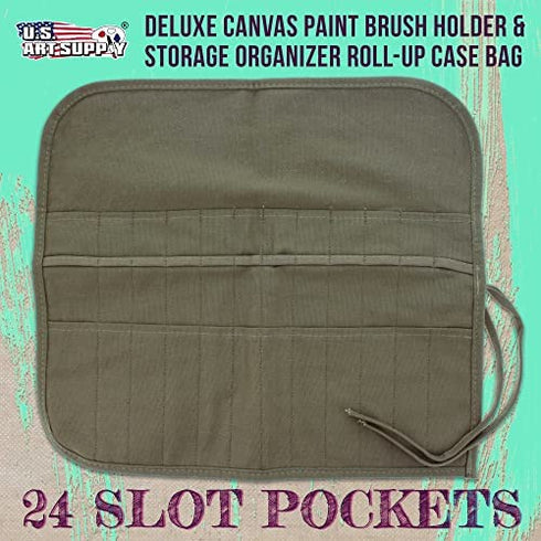 U.S. Art Supply Deluxe Canvas Art Paint Brush Holder & Storage Organizer Roll-Up Case Bag - 24 Slot Pockets Carry Pouch - Protect Artist Acrylic Oil Watercolor Paintbrushes - Store Pencils, Pens Tools