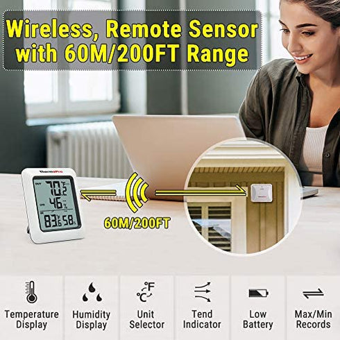 ThermoPro TP60S Digital Hygrometer Indoor Outdoor Thermometer Wireless Temperature and Humidity Gauge Monitor Room Thermometer with 200ft/60m Range Humidity Meter