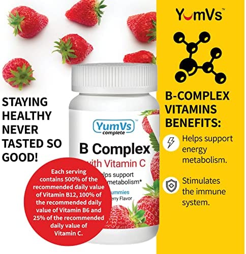 B-Complex with Vitamin C Gummies by YumVs | Daily Dietary Supplement for Adults and Kids | B6, B12, Vitamin C, Folic Acid, Niacin, and Biotin | Natural Strawberry Flavor Chewables, 70-Count | Kosher