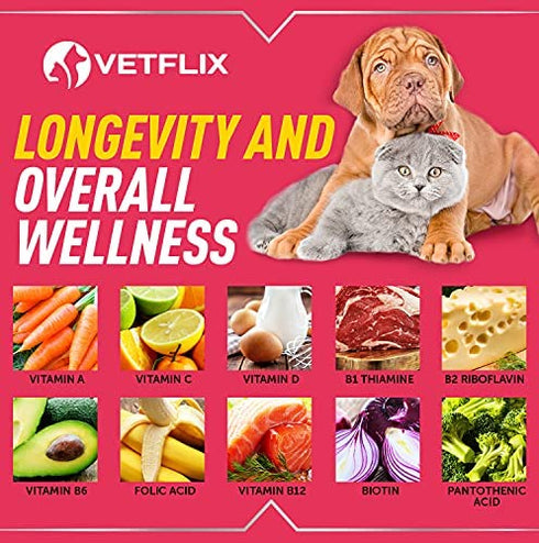 Vetflix Pet Vitamins 10-in-1 Made in USA - Natural Glucosamine for Dogs & Cats, Essential Multivitamin Blend for Pet Joint Health, Longevity, Gut & Immune Health - All Ages, Breeds and Sizes 2 fl oz