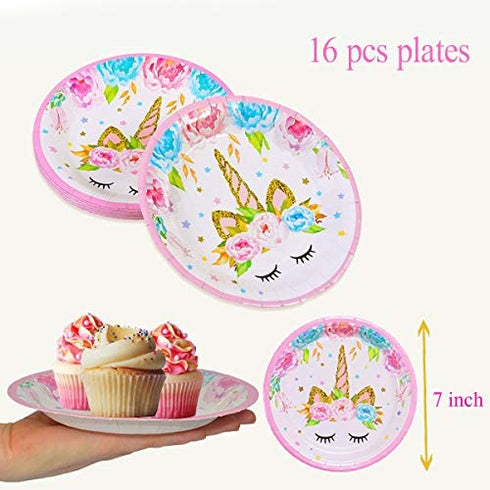 Unicorn Themed Party Supplies Set,Unicorn Cake Plates,Cups,Napkins,Tablecloth,Straws&Decoration,Paper Disposable Tableware Set for Girls Children Birthday Party or First,Baby Shower, Serves 16 Guests