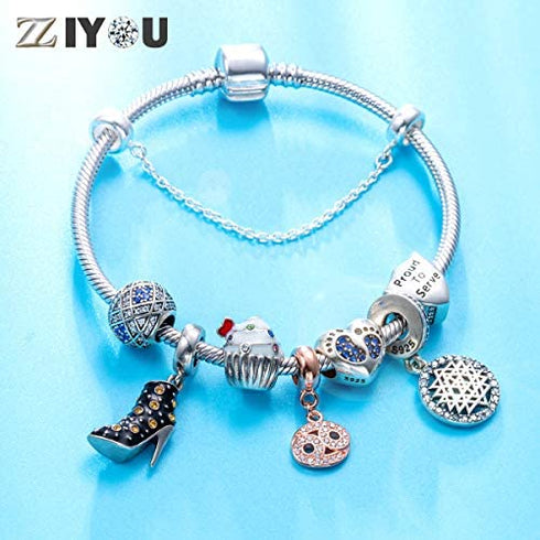 Bracelet Baby Footprints Charms - 925 Sterling Silver Pendant, Heart Birthstone plated Crystals - Mini Beads Fit Charm Bracelets, Necklaces, and European Snake Chains, Gift to New Mom and Child.
