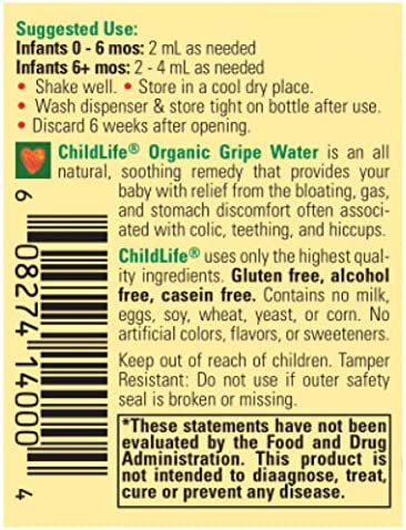 ChildLife Essentials Organic Gripe Water - Soothes Occasional Stomach Discomfort Associated with Colic, Teething, & Hiccups in Infants & Children, Gluten-Free, Allergen Free, Non-GMO - 2 Fl Oz Bottle