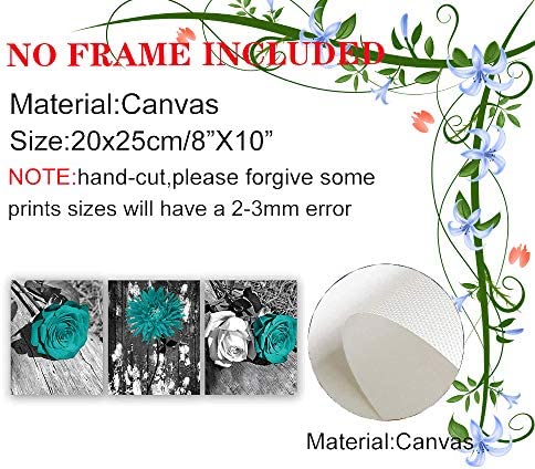 Gray Black Wooden Background Art Print Inspirational Quote Modern Art Painting Set of 3 (8”X10” Canvas Picture),Turquoise Teal White Rose Antique Plant Wall Art Poster for Bedroom or Office, No Frame