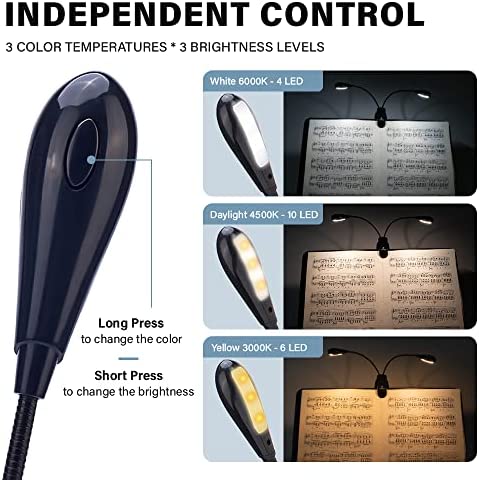 Vekkia 10 LED Music Stand Light, USB/AAA Battery Operated Book Light, Eye-Cared Clip on Light, 3 Brightness×3 Color Light up 2 Full Pages, Perfect for Readers, Kids, Music Stand