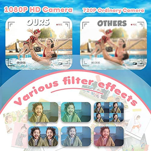 Gifts for 6 7 8 9 10 Year Old Girls Yoophane Kids Waterproof Camera Christmas Birthday Gifts Toddler Action Camera Toys for Girls Age 3-12 Underwater Video Recorder with 32GB SD Card (Pink)