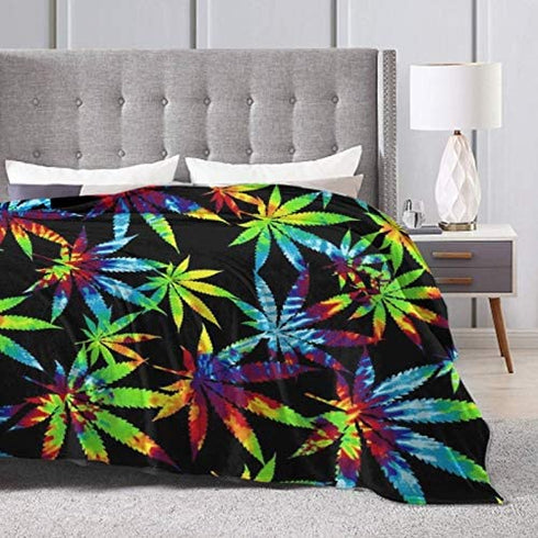 Super Soft Sherpa Plus Velvet Throw Wrap Cover Wrap Sheet for Sofa Couch Winter/Autumn, Tie Dye Cannabis Weed Leaves Queen Size Camping Blankets Throw Wearable Blankets