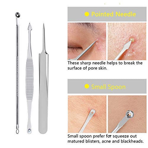 Blackhead Remover Tool, Aooeou Professional Pimple Popper Tool Kit - Treatment for Blemish, Whitehead Popping, Zit Removing for Risk Free Nose Face, Anti-Slip Coating Handle (b-Silver)