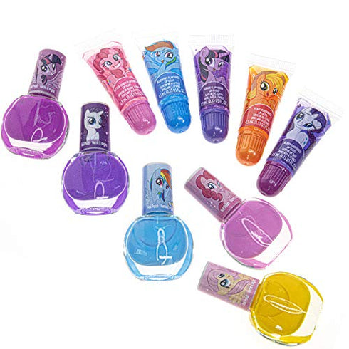 Townley Girl My Little Pony 10 Pcs Sparkly Cosmetic Beauty Makeup Set for Kids Girls Teen with 5 Pcs Lip Gloss, 5 Pcs Nail Polish & Nail Stickers Perfect for Parties, Sleepovers and Makeovers Age 3+