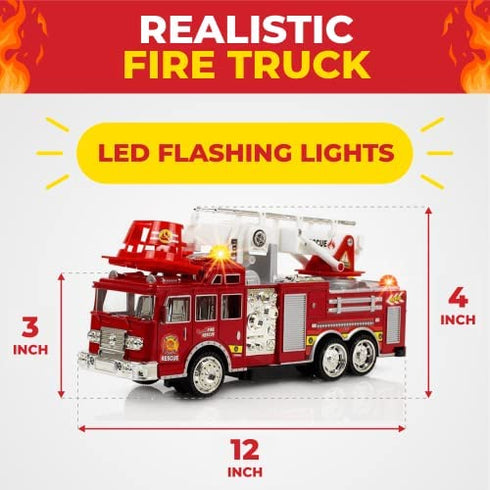 Toysery Fire Truck Toy with 3D Flashing Lights, Siren and Fire Fighter Sounds Effects. Extendable Rotating Rescue Ladder for Boys & Girls 3 -7+ Years Old