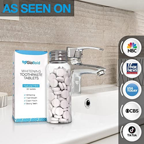 GloBoid Toothpaste Tablets with Fluoride, Zero Waste Toothpaste Bits, Eco Friendly & Plastic Free Toothpaste Tabs, Toothpaste Bites Perfect for Travel - 1 Month Supply - Natural Mint