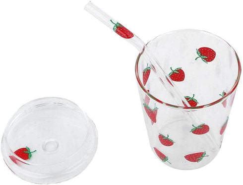 300ml Glass Water Cup with Straw and Lid, Cute Strawberry Mug Glass Milk Bottle Water Juice Smoothie Drinking Cup for Home Office School