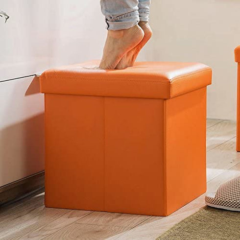 NISUNS OT01 Leather Folding Storage Ottoman Cube Footrest Seat, 12 X 12 X 12 Inches (Orange)