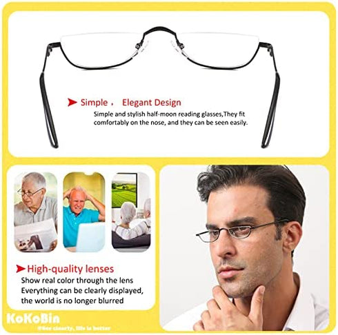KoKoBin Half Reading Glasses - 2 Pairs Half Rim Metal Frame Glasses Spring Hinge Readers for Men and Women, Black+Gunmetal 2.00