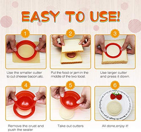 HiYZ Sandwich Cutter and Sealer - 5 PCS Decruster Sandwich Maker for Uncrustables - Peanut Butter and Jelly Crustless Sandwich Bread Pancake Maker Cookie Cutter for Kids Children Boys Girls(Red)