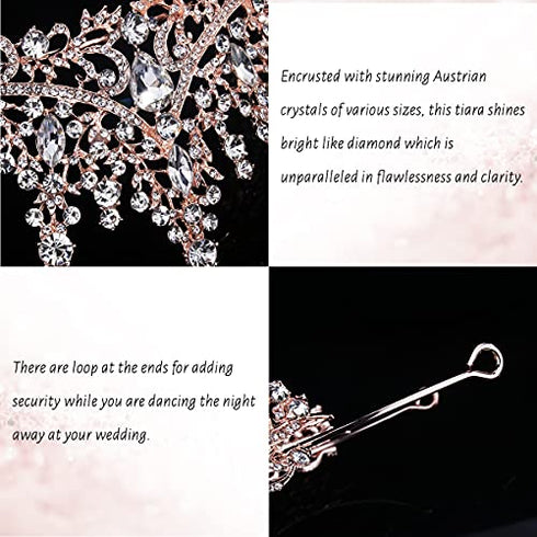 TOBATOBA Crystal Wedding Tiara for Women Rose Gold Crown for Women Royal Queen Crown Headband Metal Princess Tiara for Bride Quinceanera Headpieces for Birthday Prom Pageant Halloween Costume Cosplay