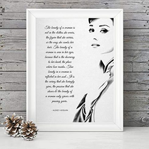 "The Beauty of a Woman"-Audrey Hepburn Quotes- 8 x 10" Inspirational Wall Art. Typographic Poster Print with Silhouette Image-Ready to Frame. Home-Office-Studio-Salon Decor. Reminder of True Beauty!