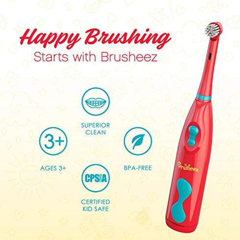 Brusheez® Kid's Electric Toothbrush Set - Soft Bristles, Easy-Press Power Button, Battery Operated, 2 Brush Heads, Animal Cover, Sand Timer, Rinse Cup and Storage Base - Ages 3+ (Pepper The Dino)