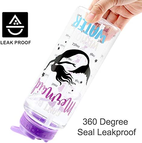 Home Tune 32oz Motivational Water Bottle with Straw & Time Marker, BPA FREE Tritan & Dustproof Flip Straw & Leak Proof & Carry Handle & Pretty Design & Easy Clean (Mermaid)