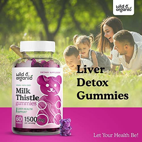 Wild & Organic Milk Thistle Gummies - Liver Cleanse & Repair Liver Supplement - Organic Silybum Marianum Herbal Supplements & Immune Support Gummy - Non-GMO 4:1 Extract - 60 Vegan Chews
