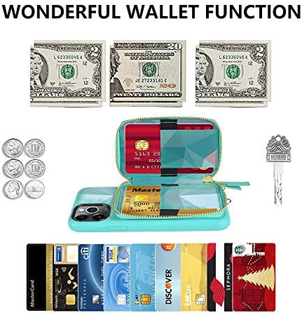 ZVE iPhone Print Wallet Case with Zipper for iPhone 12 Pro & iPhone 12 (6.1 inch), Purse Phone Case with Card Holder for Women, Crossbody Chain Wrist Strap-Diamond