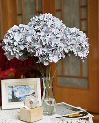 DuHouse Large Hydrangea Heads Artificial Silk Flowers with Stem Fake Full Flower Heads for Wedding Centerpiece Home Party Decor Pack of 6(Morandi)