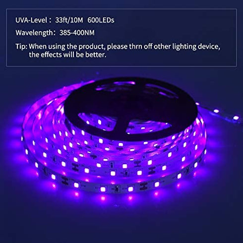 SHGPODA 33ft LED Black Light Strip Kit, 600 Units, 385nm-400nm, 12V Flexible Blacklight Fixtures, 10M LED Ribbon, Non-Waterproof for Indoor, Birthday, Wedding, Dark Party, Halloween, Christmas