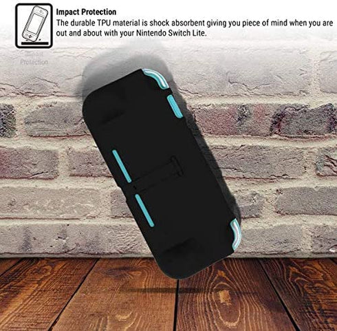 Orzly Grip Case for Nintendo Switch Lite – Case with Comfort Padded Hand Grips, Kickstand, Pack of Thumb Grips - Black