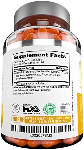 Premium Liposomal Vitamin C 2000mg - 180 Capsules –Ultra Potent High Absorption Ascorbic Acid, Supports Immune System & Collagen Booster - Powerful Antioxidant High Dose Fat Soluble Vitamin C