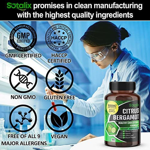 Premium Citrus Bergamot 15500 mg Organic Cholesterol Supplement with Niacin Black Chokeberry Olive Leaf Black Pepper - Heart & Cardiovascular Health Support 90-Day Support (90 Count (Pack 1))