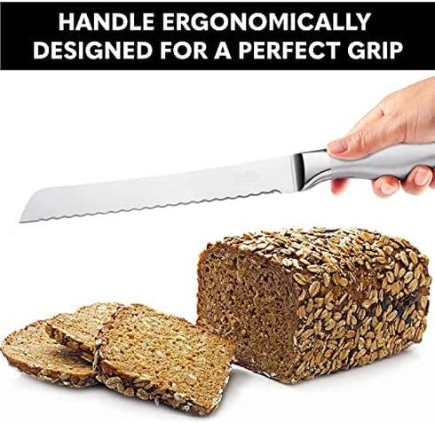 Orblue Serrated Bread Knife with Upgraded Stainless Steel Razor Sharp Wavy Edge Width - Bread Cutter Ideal for Slicing Homemade Bread, Bagels, Cake (8-Inch Blade with 5-Inch Handle)