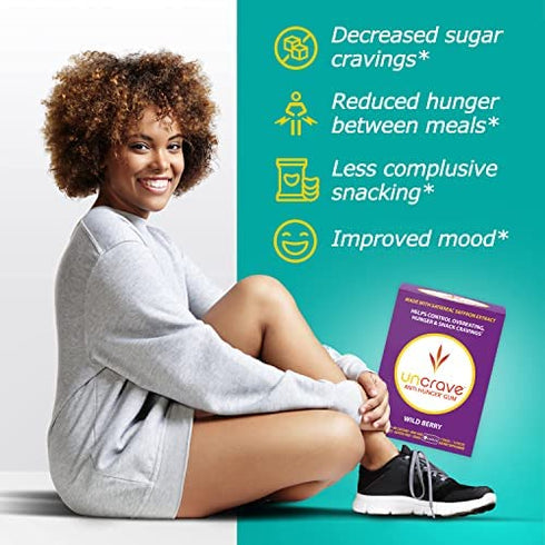 UnCrave Anti-Hunger Gum with Satiereal Saffron Extract - Control Compulsive Snacking, Overeating and Cravings for Healthy Weight Management - Improve Mood - Wild Berry, Box of 7 Packs