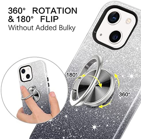 BENTOBEN Case for iPhone 13, iPhone 13 Phone Case, Slim Glitter Case with 360° Ring Holder Kickstand Magnetic Car Mount Supported Protective Girls Women Men Boys Cover for iPhone 13 6.1" 5G, Black