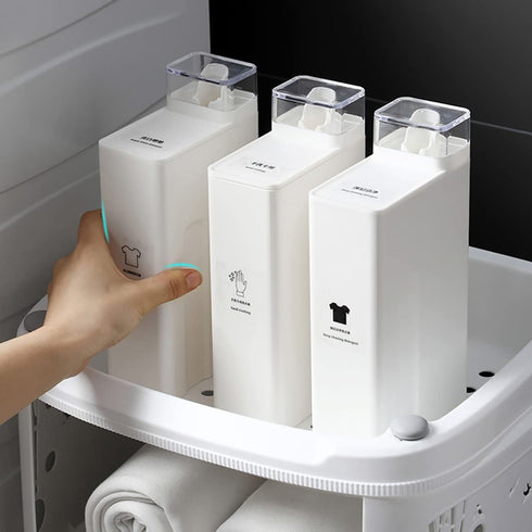 Laundry Detergent Dispenser,1000ml/34oz Laundry Soap Container for Liquid Detergent and Fabric Softener-ABS Plastic Farmhouse Jar w/Waterproof Labels for Laundry Room Organizer with Measuring Lid
