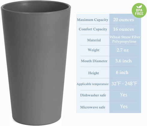 GENLGE 20 OZ Unbreakable Drinking Glasses Reusable Cups for Adult, Eco Friendly Tumblers Wheat Straw Cups Set of 5, Dishwasher Safe