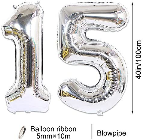 2pcs 40 Inch Number Balloon Foil Balloons Number 15 Jumbo Giant Balloons Prom Balloon Mylar Huge Number Balloon for Birthday Party Decoration Wedding Anniversary, XXXL Silver 15 Number Balloon