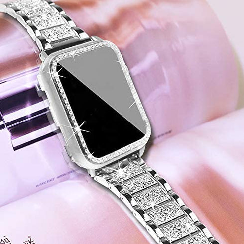 Mosonio Compatible with Apple Watch Band 40mm with Case Women, Jewelry Replacement Metal Wristband Strap with 2 Pack Bling PC Protective Cover for iWatch Series 6/5/4(Silver)