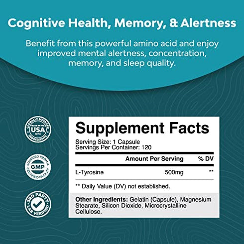 Potent L Tyrosine 500mg Capsules - Amino Acid Nutritional Supplement for Brain Health Thyroid Support - L-Tyrosine 500mg Brain Supplement for Memory and Focus Support