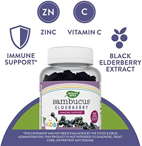 Nature’s Way Sambucus Elderberry Gummies for Kids, Immune Support Gummies*, with Vitamin C and Zinc, Delicious Berry Flavor, 60 Gummies