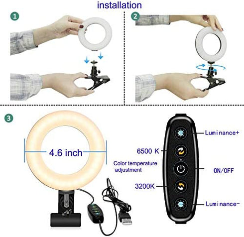 Video Conference Lighting Kit 3200k-6500K Dimmable Led Ring Lights Clip on Laptop Monitor for Remote Working/Zoom Calls/Self Broadcasting/Live Streaming/YouTube Video/TikTok (Black)
