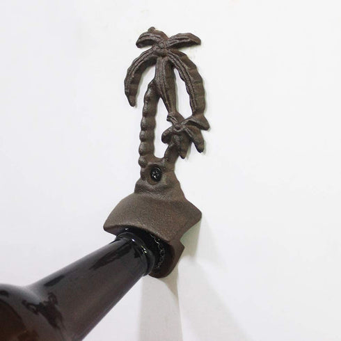 Retro Palm Tree Beer Bottle Opener Wall Mounted and Vintage Stainless Steel Cap Catcher Bin Set for Pop Soda Kitchens Patio Beach (Rustic Coconut)1