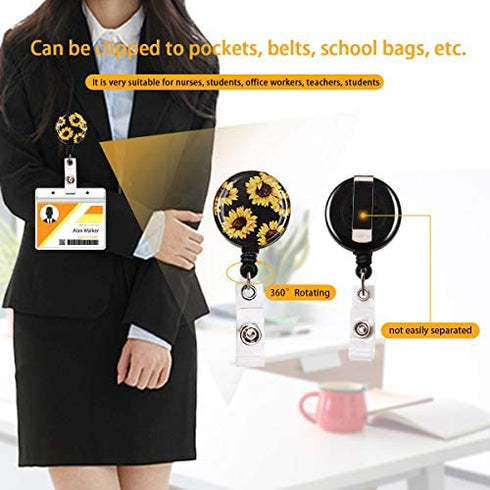 Beacil Fashion Sunflower Lanyard ID Card Clip Kit,Women Girls Nurse Reversible Detachable Key Chain Lanyard and Retractable ID Card with Horizontal Name Badge Holder,for Keys USB ID Card Phone