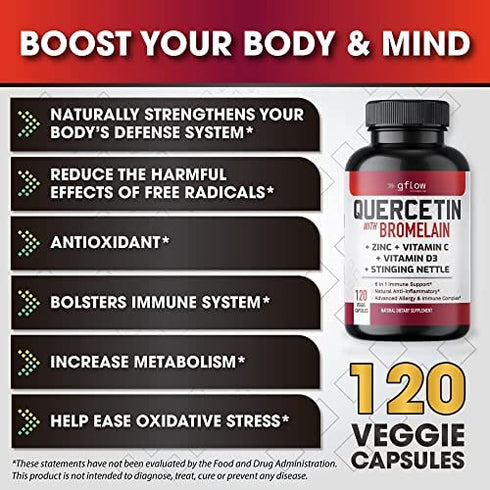 Quercetin with Vitamin C and Zinc - Quercetin 500mg - Quercetin with Bromelain - Zinc Quercetin - Stinging Nettle -120 Veggie Caps. Quercetin Supplements + Vitamin D3 (Non-GMO, Gluten-Free, Vegan)