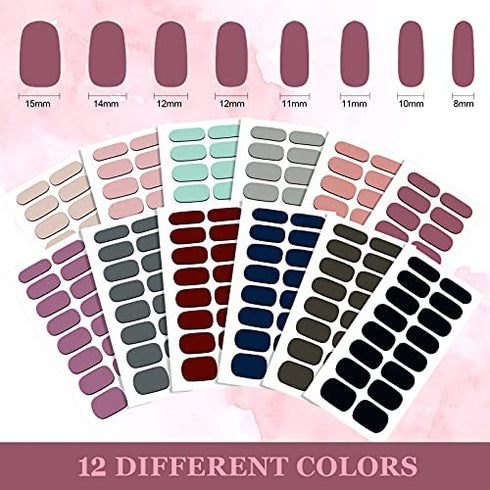 12 Sheets 192 Pieces Press on Nail Stickers Solid Color Full Nail Stickers Adhesive Nail Polish Strips Solid Nail Wraps Decals Strips Manicure Nail Stickers with Nail File for Women (Multicolor)
