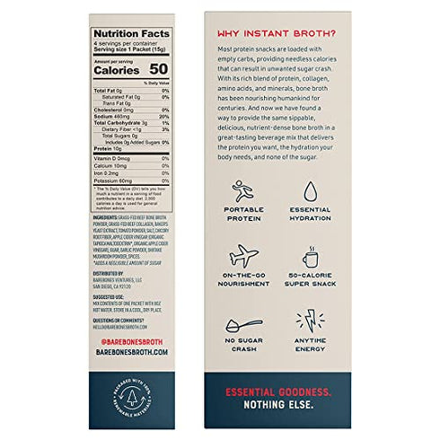 Bare Bones Bone Broth Instant Powdered Beverage Mix, Beef, Pack of 4, 15g Sticks, 10g Protein, Keto & Paleo Friendly