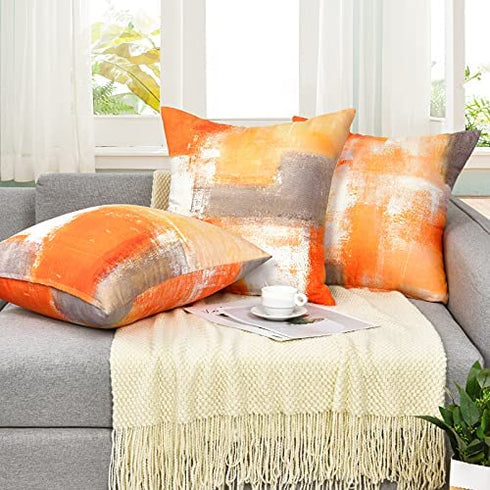 Yastouay Orange Throw Pillow Covers Burnt Orange Grey Pillow Covers Set of 4 Decorative Cushion Covers for Couch Living Room Home Decor, 18 x 18 inches