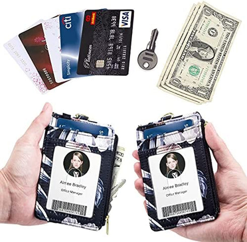 ELV Badge Holder with Zipper, ID Badge Card Holder Wallet with 5 Card Slots, 1 Side RFID Blocking Pocket and 20 inch Neck Lanyard Strap for Offices ID, School ID, Driver Licence (Floral)