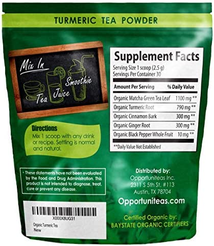 Organic Turmeric Tea Powder - Matcha Green Tea, Turmeric, Cinnamon, Ginger, Black Pepper - Natural Joint Support Supplement for Juice, Smoothie & Drinks - Vegan & Non-GMO - 30 Servings